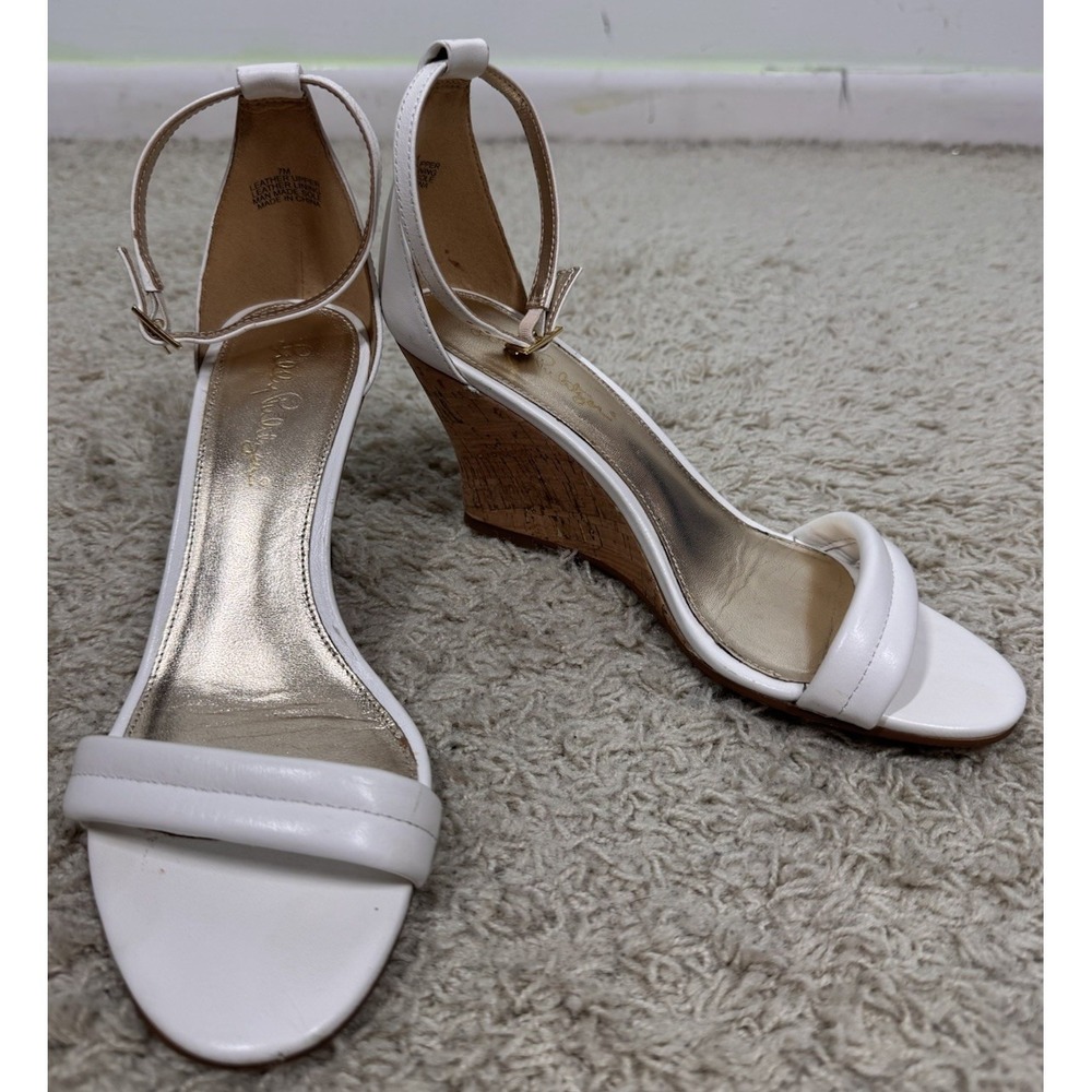 Lilly Pulitzer Jenna Wedge Women's Size 8 Leather Ankle Strap Sandals Cork White